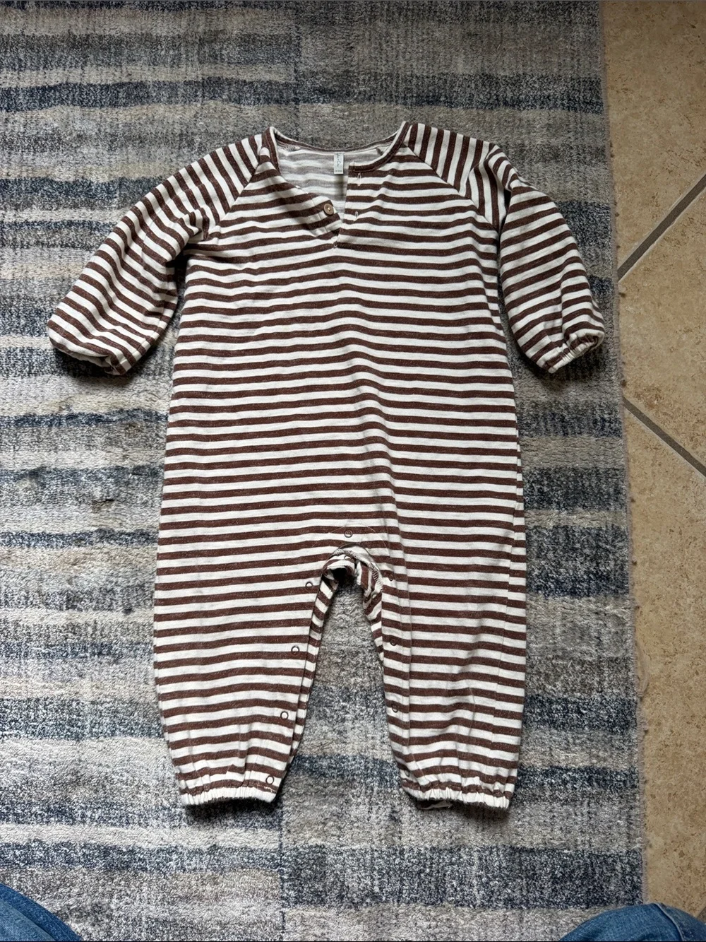 Rylee + Cru Brown and White Striped Baby Footie Romper